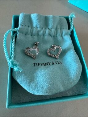 Tiffany & Co. Silver Heart Diamond Outline Stud Earrings with Blue Pouch